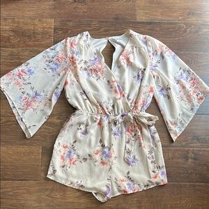 Charlotte Russe Floral Kimono Romper | Light Pink Romper | Low Cut Romper